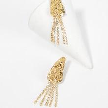 Romwe Textured Metal Rhinestone Tassel Drop Earrings