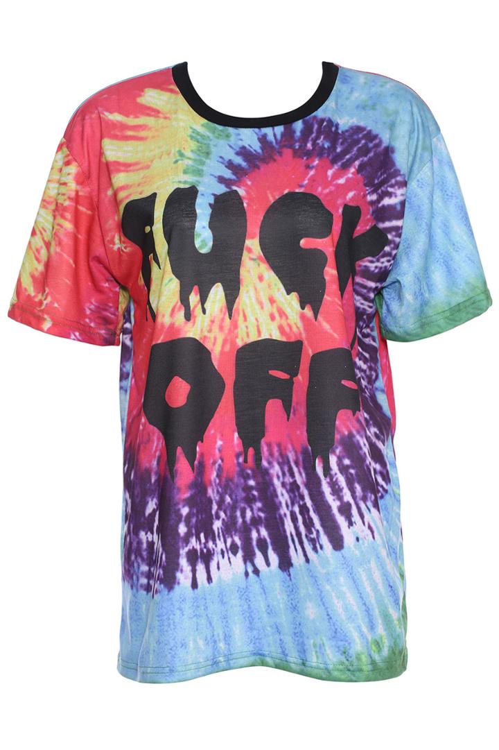 Romwe Fuck Off Print Colorful Short-sleeved T-shirt