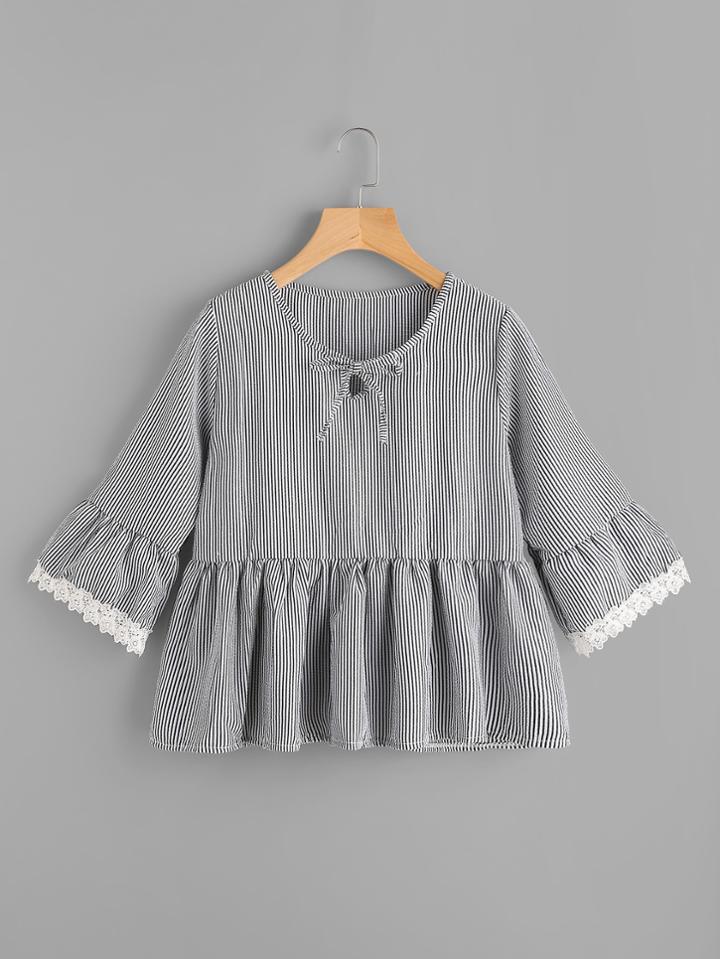 Romwe Vertical Striped Self Tie Neck Lace Cuff Frill Blouse