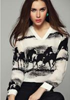 Romwe V Neck Horse Print Blouse