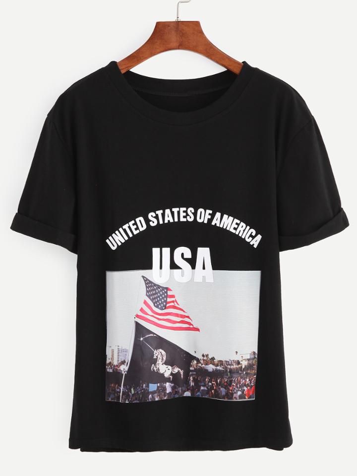 Romwe Black Graphic Print Drop Shoulder T-shirt