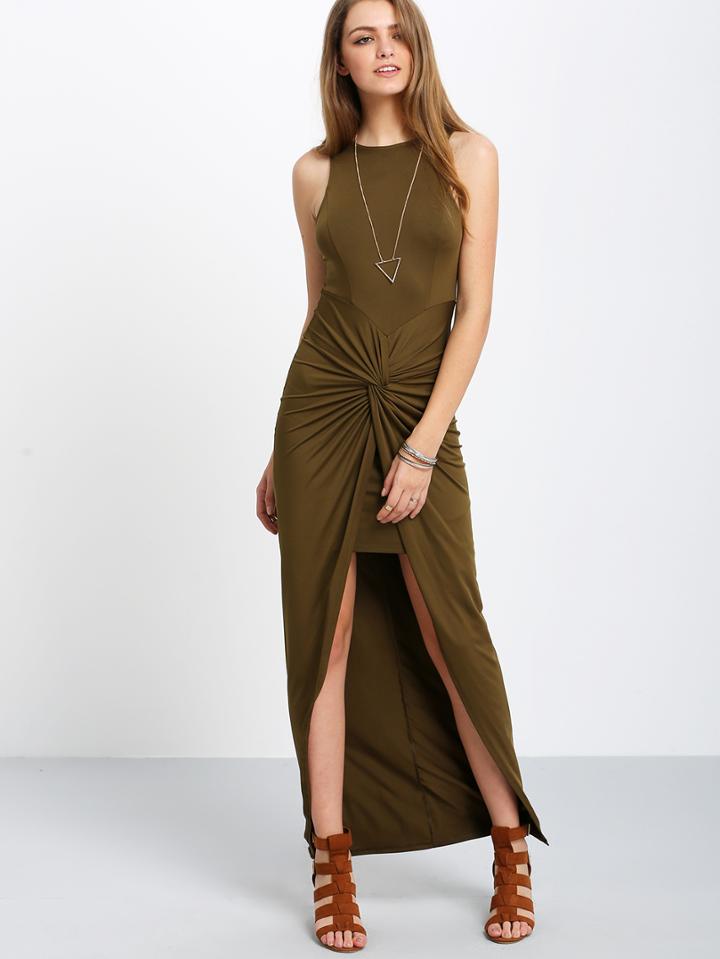 Romwe Army Green Sleeveless Knot High Low Dress