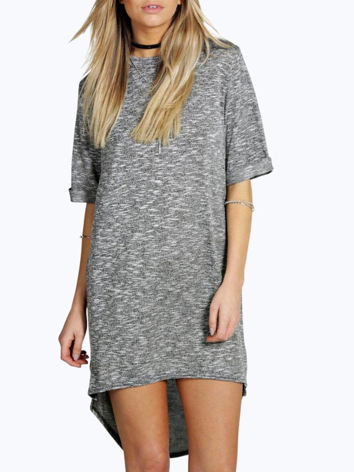 Romwe Grey Short Sleeve Round Neck High-low Hem Tshirt Dress