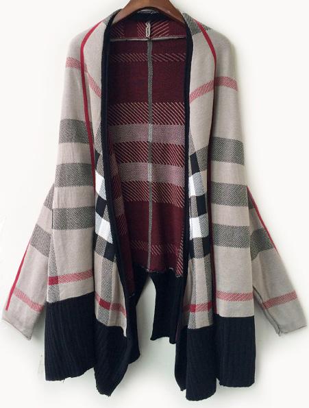 Romwe Grey Batwing Long Sleeve Plaid Loose Cardigan