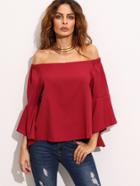 Romwe Burgundy Off The Shoulder Bell Sleeve Blouse