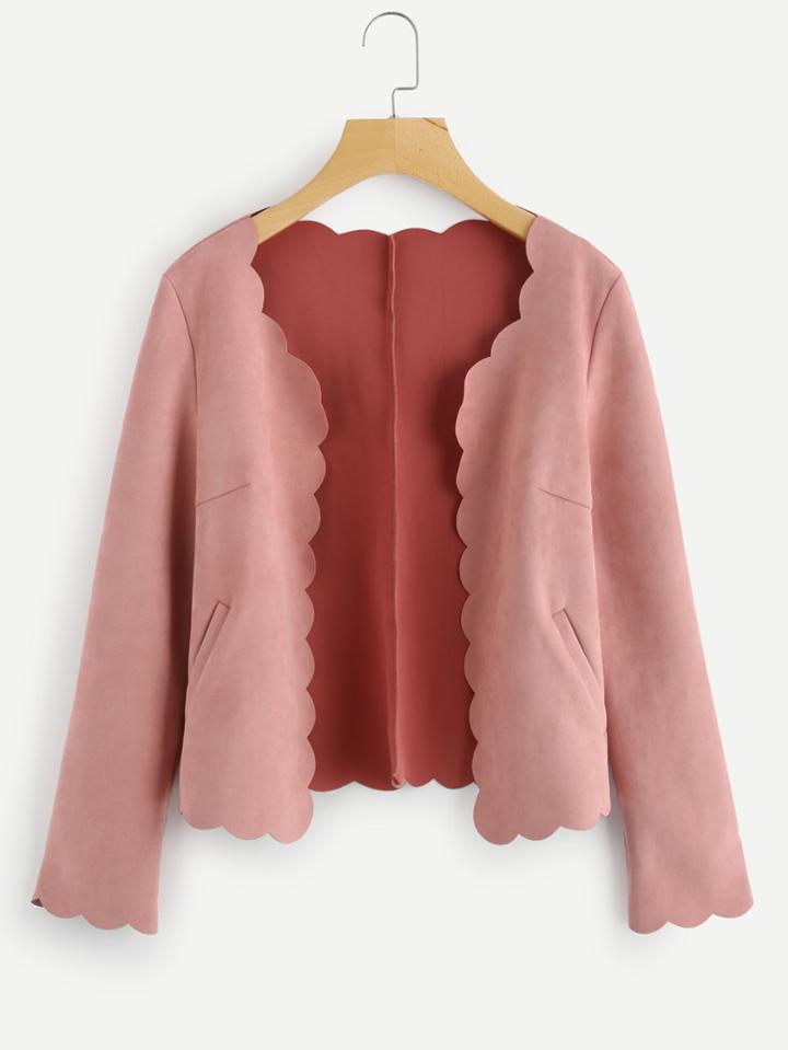 Romwe Scallop Trim Open Front Suede Jacket