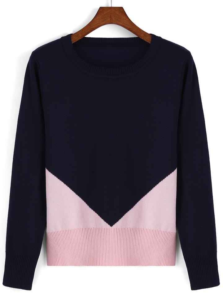 Romwe Colo-block Round Neck Sweater