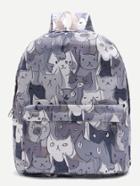 Romwe Cat Print Casual Canvas Backpack