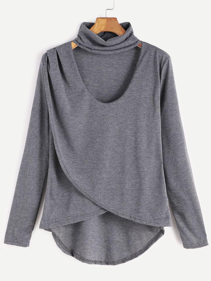 Romwe Grey Dip Hem Choker Neck Wrap Front T-shirt