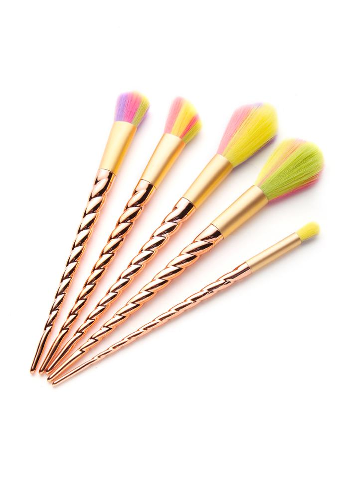 Romwe Gold Screw Handle Colorful Bristles Makeup Brush Set 5pcs