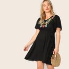 Romwe Plus V-neck Embroidery Floral Ruffle Shoulder Dress
