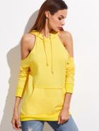 Romwe Yellow Cold Shoulder Pocket Front Hoodie
