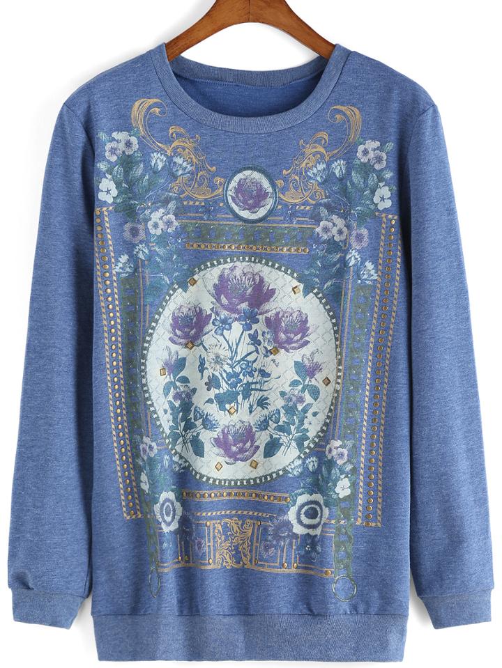 Romwe Round Neck Florals Rivets Sweatshirt