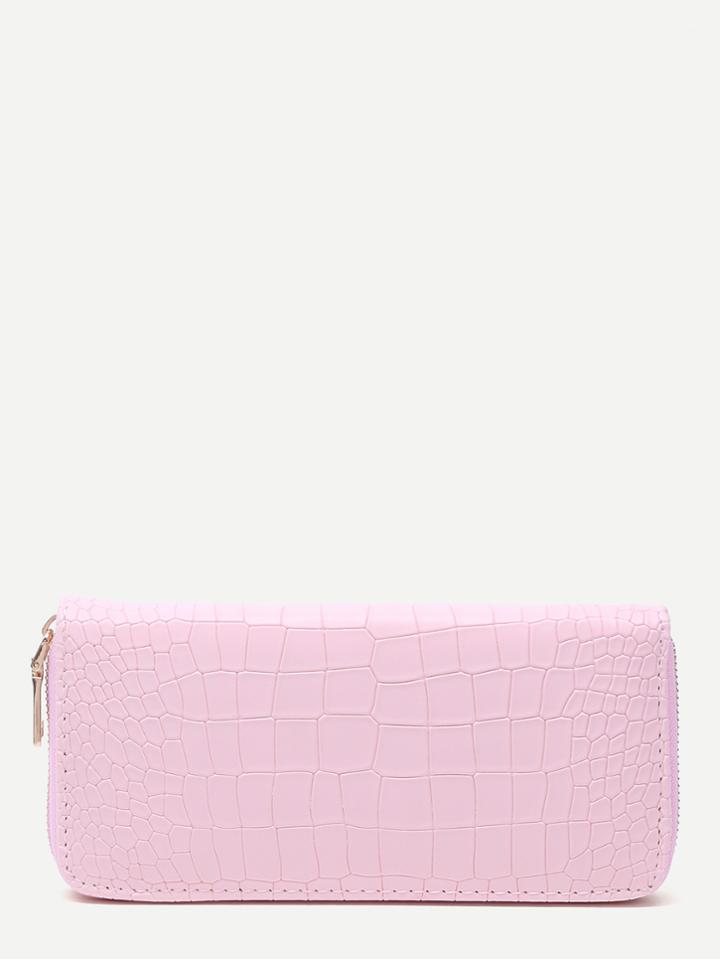 Romwe Light Pink Croc Embossed Zip Around Long Wallet