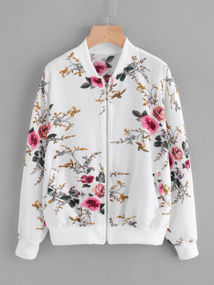 Romwe Ribbed Trim Botanical Print Jacket