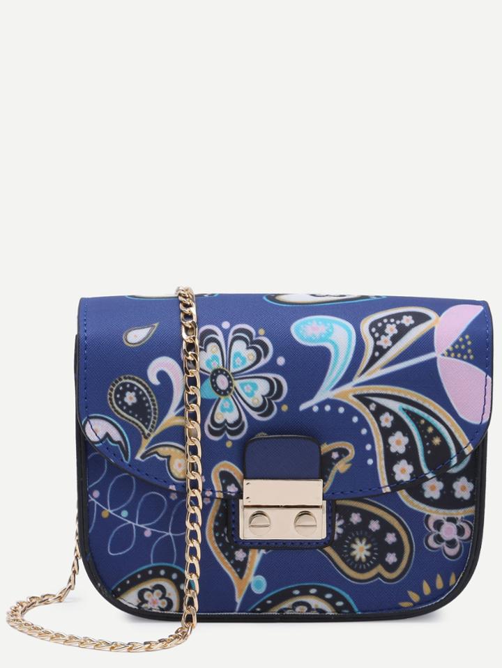Romwe Blue Floral Print Crossbody Bag With Chain Strap