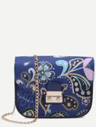 Romwe Blue Floral Print Crossbody Bag With Chain Strap