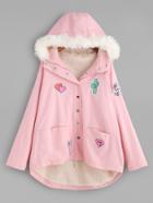 Romwe Patch Faux Shearling Hooded Coat With Faux Fur Trim