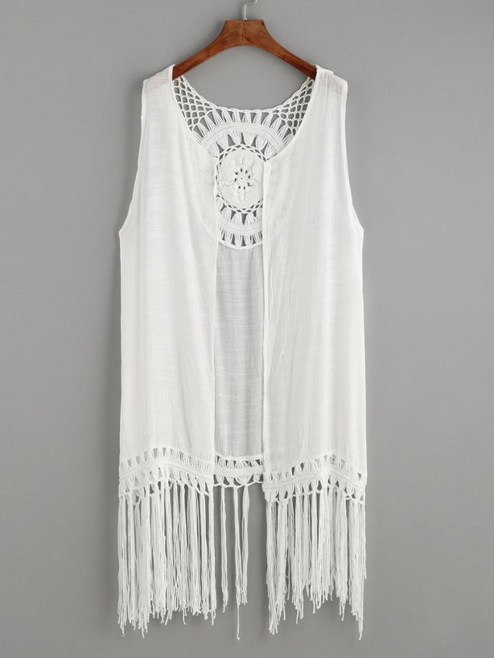 Romwe White Crochet Insert Knotted Fringe Trim Top