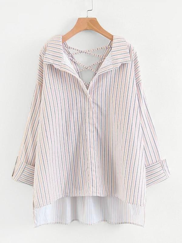 Romwe Criss Cross Step Hem Boyfriend Striped Blouse