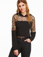 Romwe Black Floral Embroidered Mesh Shoulder Crop Hoodie