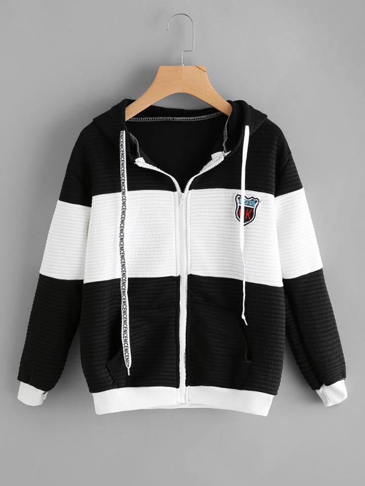 Romwe Patch Detail Color Block Hooded Zip Up Jacket