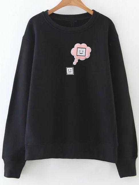 Romwe Black Face Patch Drop Shoulder Sweatshirt