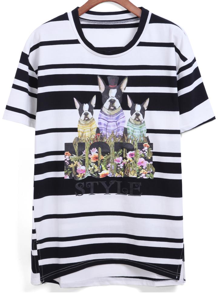 Romwe Dip Hem Dog Print Striped T-shirt