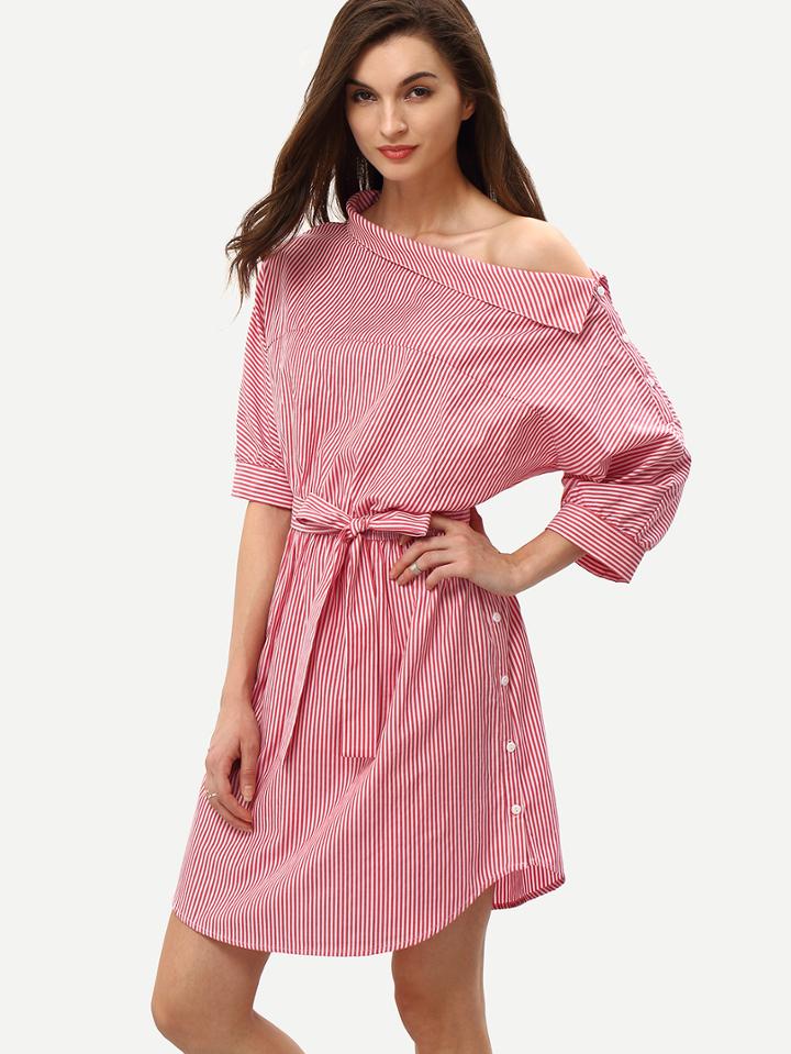 Romwe Red Periwinkle Shouldered Half Sleeve Off The Shoulder Striped Dress