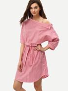 Romwe Red Periwinkle Shouldered Half Sleeve Off The Shoulder Striped Dress