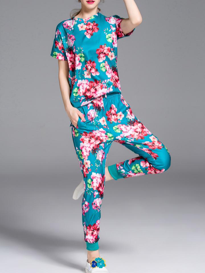 Romwe Blue Floral Top With Elastic-waist Pants