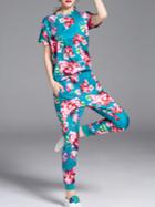 Romwe Blue Floral Top With Elastic-waist Pants