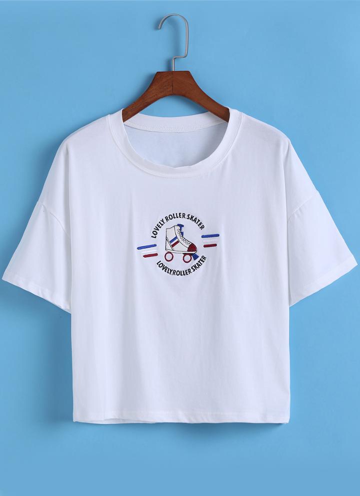 Romwe White Short Sleeve Roller Skates Print Crop T-shirt