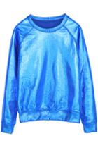 Romwe Metallic Blue Raglan Sleeve Sweatshirt