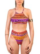 Romwe Halter Aztec Print Cut Out Back Swimwear Set
