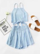 Romwe Bow Tie Open Back Cami Top And Shorts Set