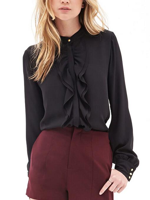 Romwe Women Black Ruffle Front Shirt