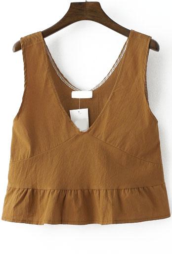 Romwe Deep V Neck Peplum Hem Khaki Tank Top