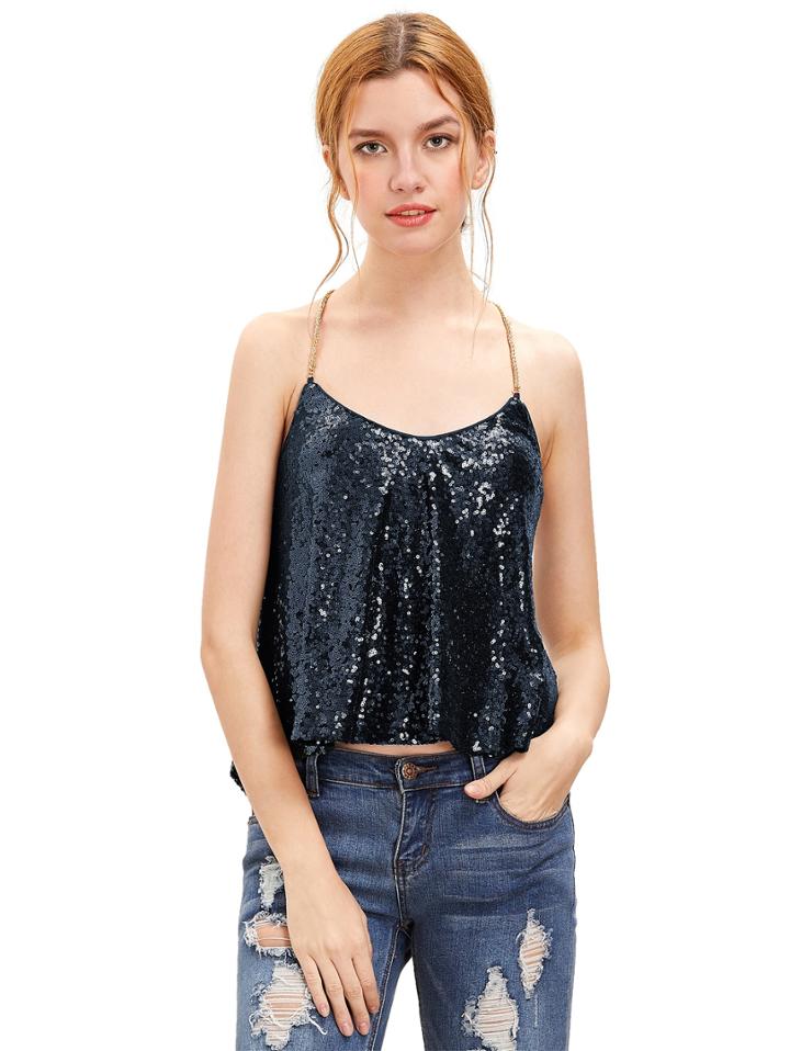 Romwe Navy Criss Cross Sequined Cami Top