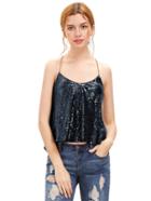 Romwe Navy Criss Cross Sequined Cami Top