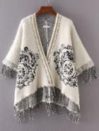 Romwe White Chain Trim Fringe Detail Mohair Poncho Sweater