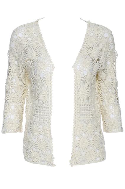 Romwe Hollow-out Lace Crochet Apricot Short-sleeved Cardigan
