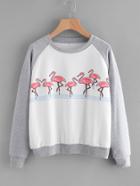 Romwe Contrast Sleeve Flamingo Print Sweatshirt