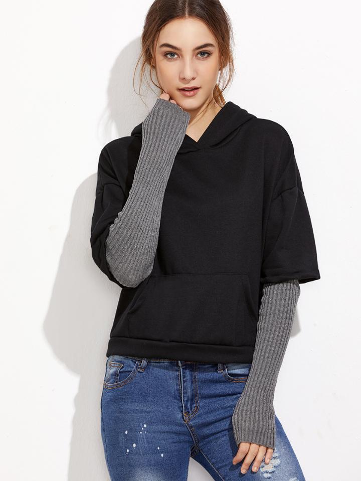 Romwe Drop Shoulder Contrast Sleeve 2 In 1 Hooded Sweatshirt