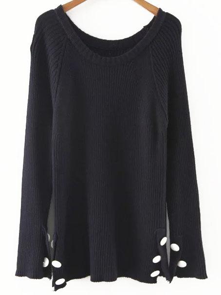 Romwe Black Button Detail Raglan Sleeve Sweater