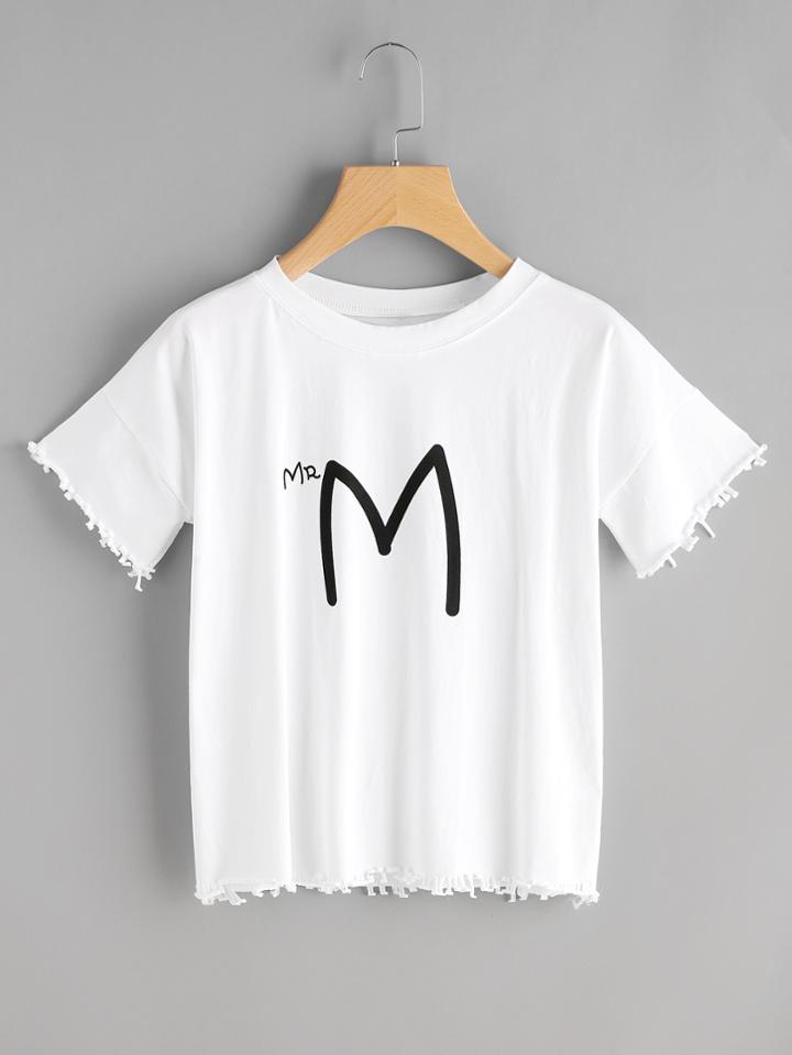 Romwe Letter Print Raw Hem Tee