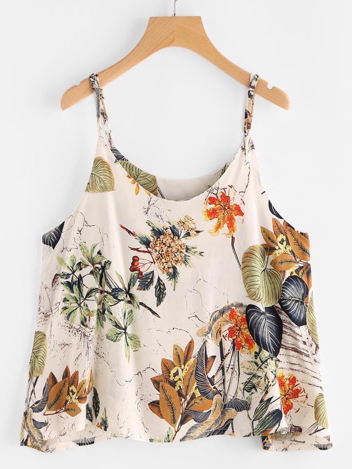 Romwe Palm Leaf Asymmetric Hem Cami Top