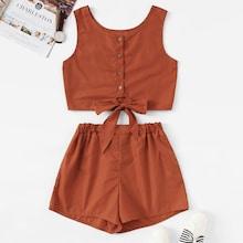 Romwe Button Through Knot Hem Top With Shorts