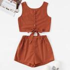 Romwe Button Through Knot Hem Top With Shorts