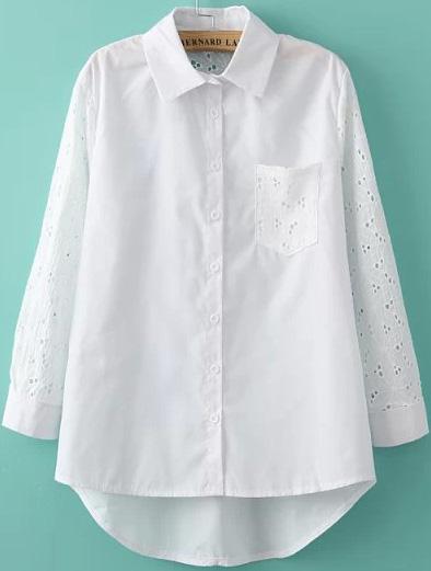 Romwe Dip Hem Lace Insert With Hollow Blouse